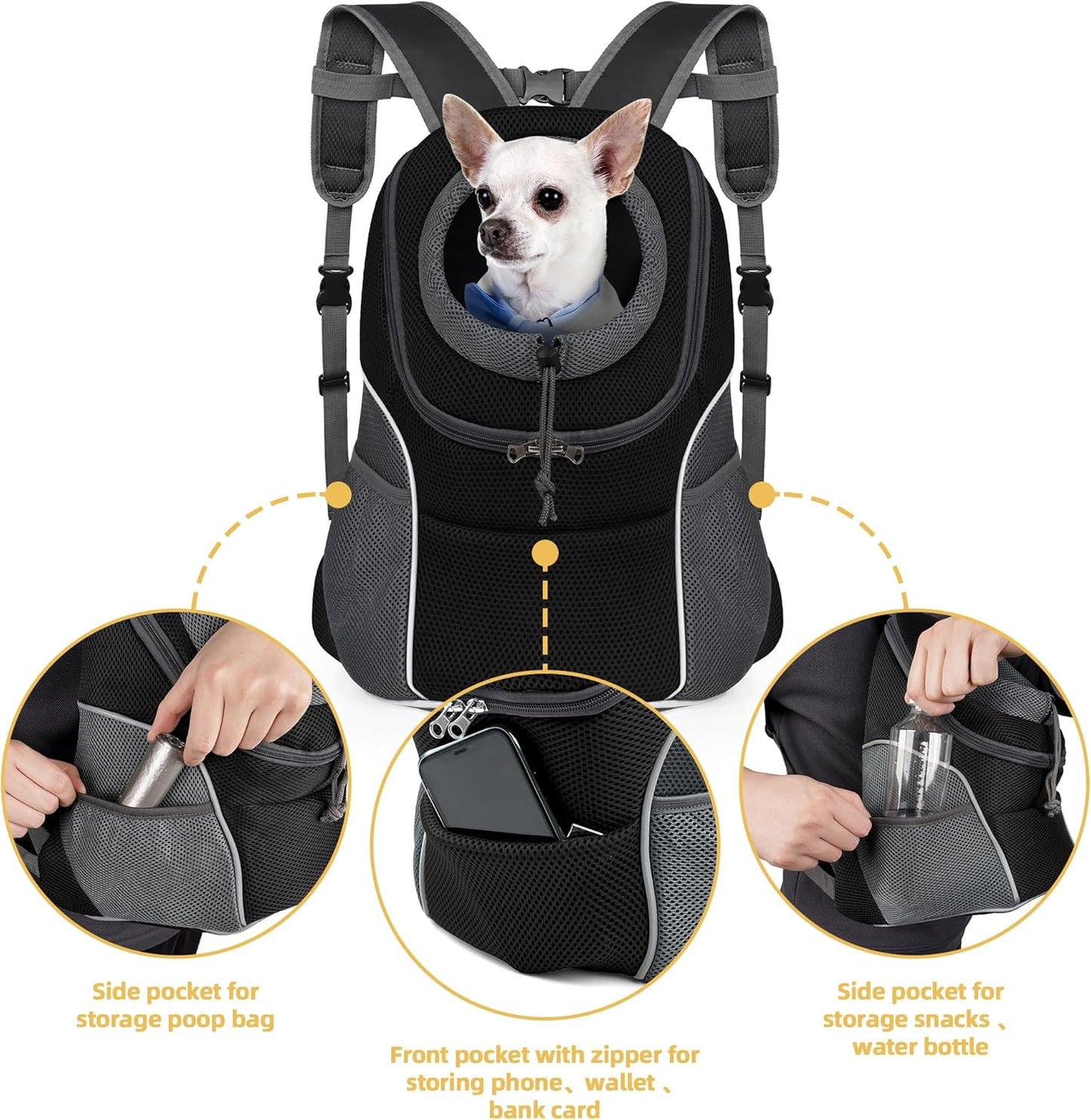 WOYYHO Pet Dog Carrier Backpack Small Dog Front Backpack Ventilated Dog Carrier Back Pack with Storage Pockets, Adjustable Straps & Safety Belt for Travel Hiking Outdoor (Size M: 5-9 lbs, Black)