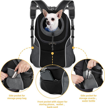 WOYYHO Pet Dog Carrier Backpack Small Dog Front Backpack Ventilated Dog Carrier Back Pack with Storage Pockets, Adjustable Straps & Safety Belt for Travel Hiking Outdoor (Size M: 5-9 lbs, Black)