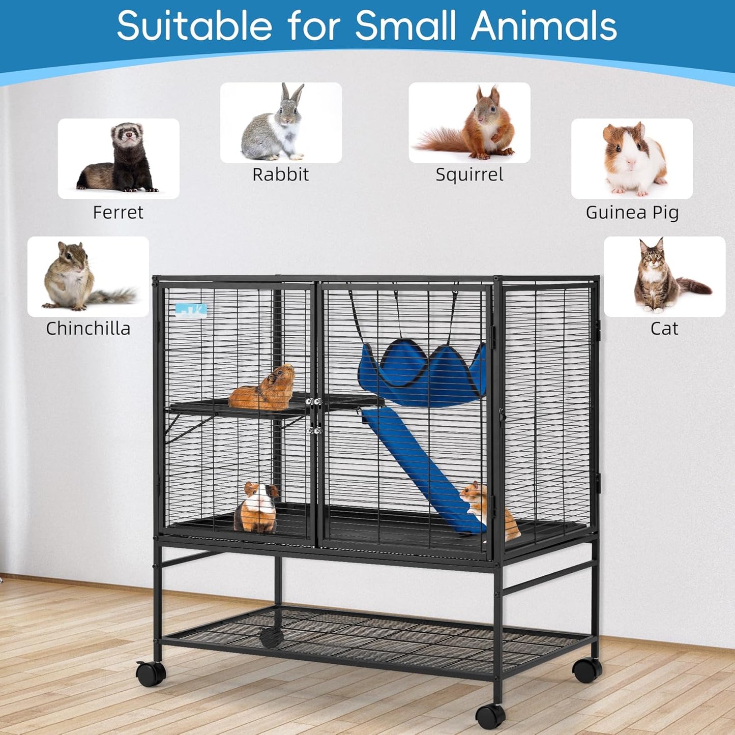 HABUTWAY 40''H Large Metal Rolling Ferrets Cage, 2-Tiers Small Animal Cages, Cage for Rats/Chinchillas, 0.5'' Bar Spacing for Ferret,Small Animal Cage w/Removable Ramp & Platform