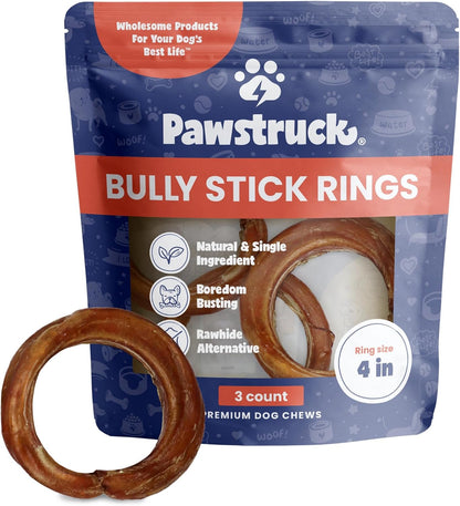 Pawstruck All-Natural 4" Bully Stick Rings for Dogs - Rawhide-Free, 100% Beef, Single Ingredient Dental Chew Bones - Fully Digestible, Low Odor - 3 Pack - Packaging May Vary