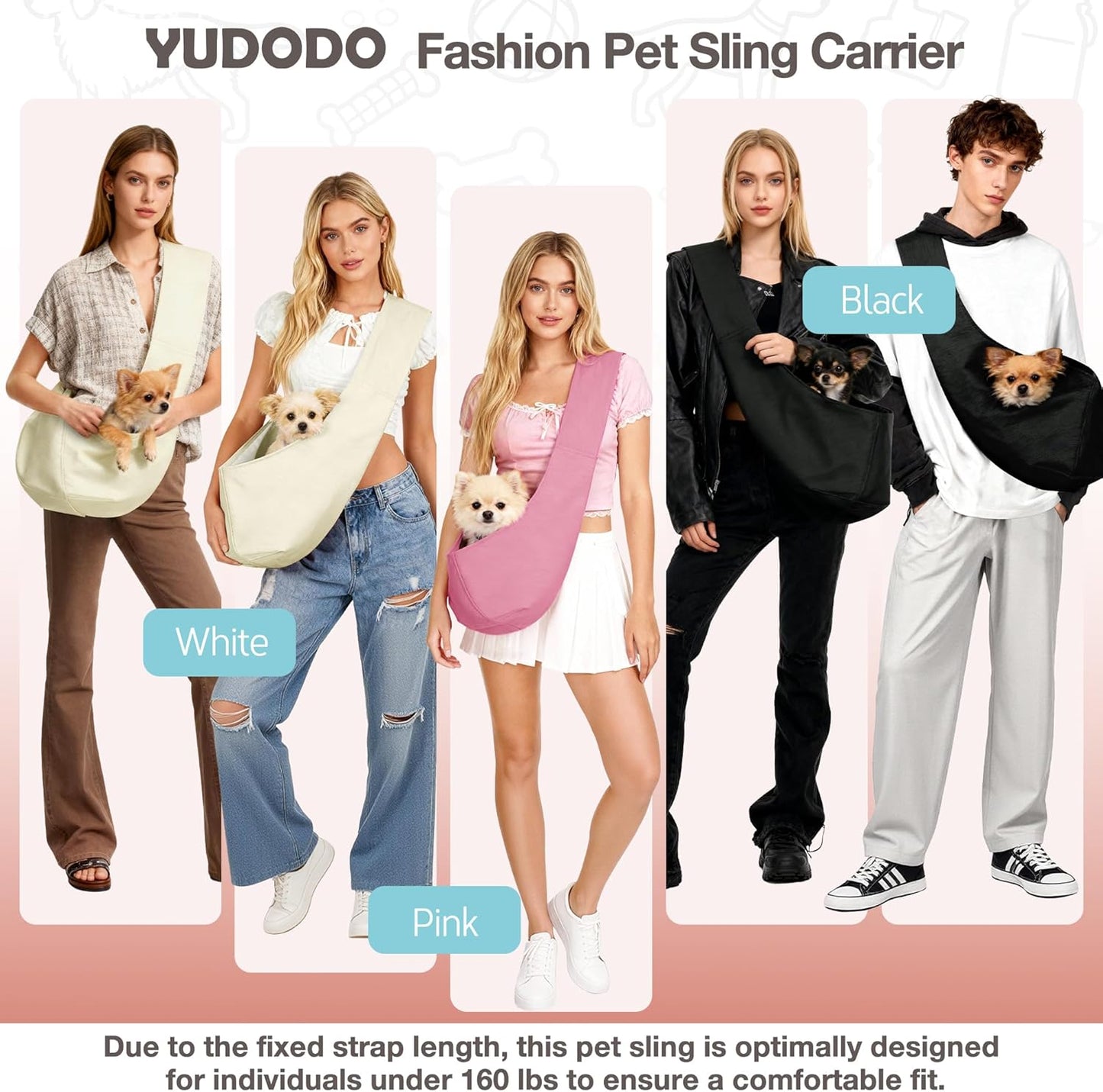 YUDODO Fashion Dog Sling Carrier for Small Dogs Lightweight Crossbody Pet Bag with Safety Strap, Pocket Storage, Machine Washable, Comfortable Travel & Outdoor Sling up to 9 lbs Pink