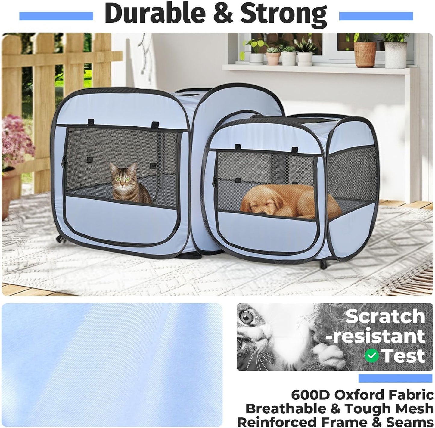 EighteenTek 2-in-1 Portable Cat Playpen, Pop up Large Kitten Playpen, No Assembly Need, Pet Cat Dog Tent Crates Kennel Cage, Cats Enclosure for Dog and Puppy Indoor Outdoor(No Divider, Unified Space)