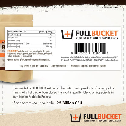 FullBucket Equine Probiotic Pellets with Saccharomyces boulardii for Horses Under Stress or for Horses with Digestive Issues - 25 Billion CFUs - 30 Servings