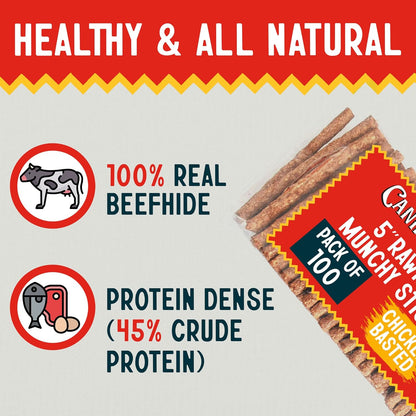 Canine Chews 5" Munchy Rawhide Sticks for Small Dogs Munchy Dog Snack Sticks 100 Pack (Chicken)