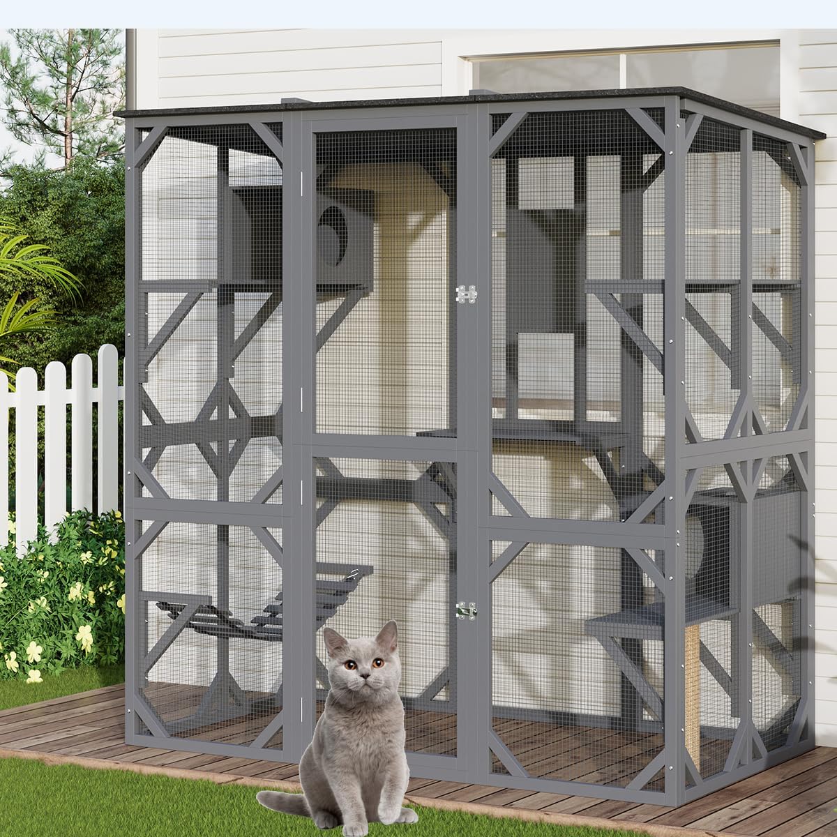 Large Outdoor Cat Enclosure, 70 Inch Window Access Catio for Cats Outdoor Patio with Waterproof Asphalt Roof, 4 Platforms, 2 Resting Box and Bridge Grey