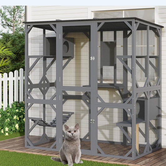 Large Outdoor Cat Enclosure, 70 Inch Window Access Catio for Cats Outdoor Patio with Waterproof Asphalt Roof, 4 Platforms, 2 Resting Box and Bridge Grey
