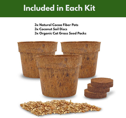 Cat Grass Kit for Indoor Cats - Organic Cat Grass Growing Kit (3 Pack) with Soil Discs, Coco Fiber Pots & Organic Seeds - Natural Hairball Control & Digestion Remedy