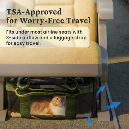FLUFFY COMMUTE™ TSA Airline Approved Dog Carrier | Soft-Sided | Fits Small Dogs & Pets Up to 15 lbs & 17” Long × 11” Tall | Camo w/Green Handle