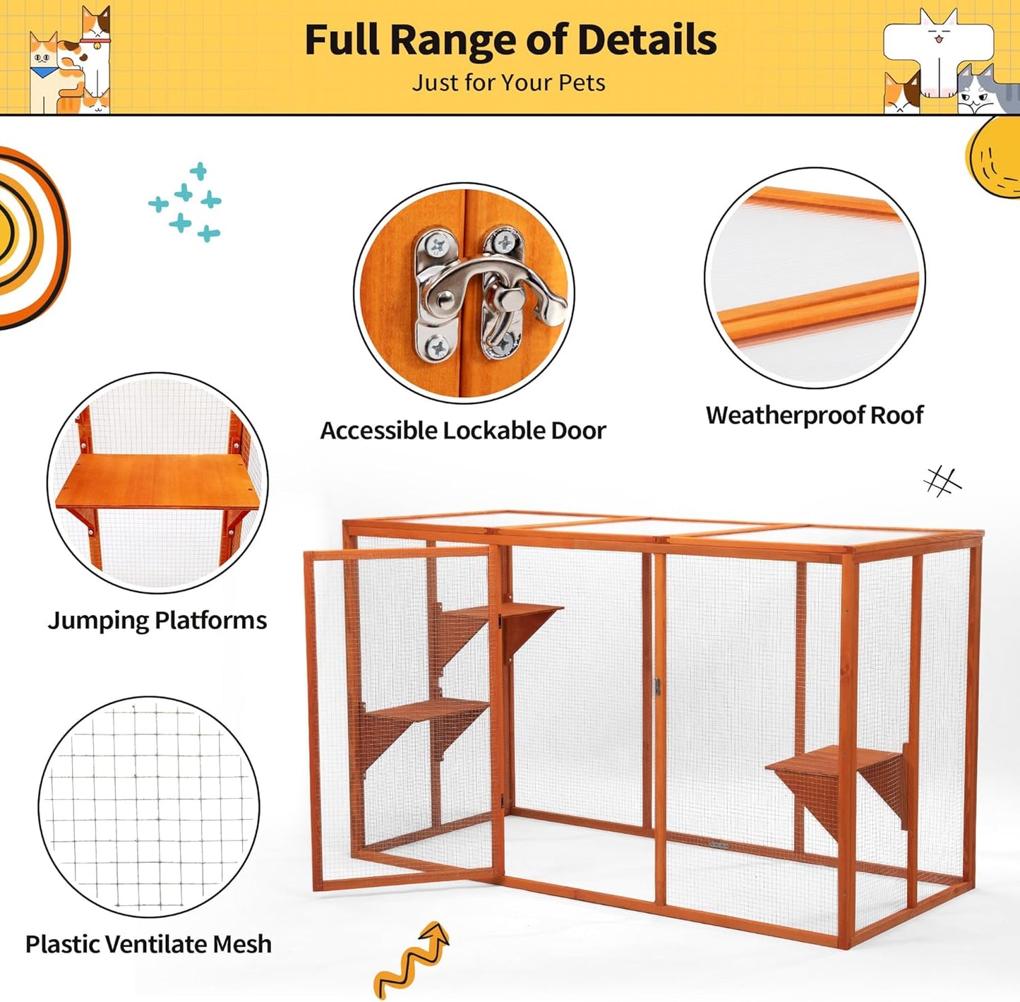 Catio Outdoor Cat Enclosure, 71" Large Weatherproof Catios with Cedar Wood Frame for cat Patio, Heavy Duty Outdoor Cat Condo & Cage, Indoor cattio for Cats (Orange-Red, Large)