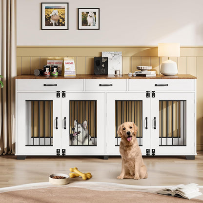 71'' Dog Crate Furniture, Wooden Indoor Dog Kennel for 2 Dogs with 3 Drawers and Removable Room Divider, XXL Double Dog Crate TV Stand End Table with Double Doors for Large Medium Dogs
