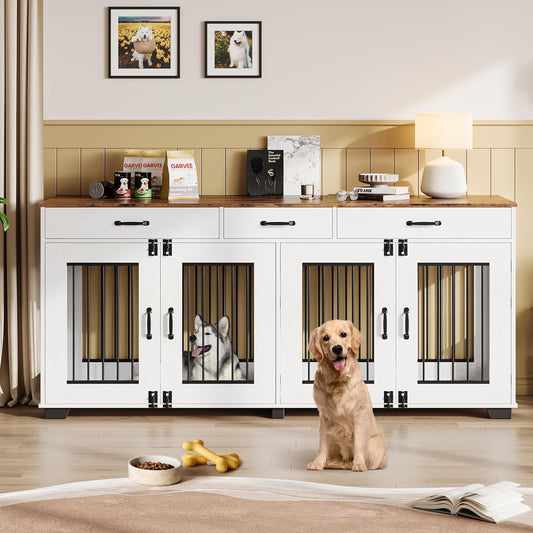 71'' Dog Crate Furniture, Wooden Indoor Dog Kennel for 2 Dogs with 3 Drawers and Removable Room Divider, XXL Double Dog Crate TV Stand End Table with Double Doors for Large Medium Dogs