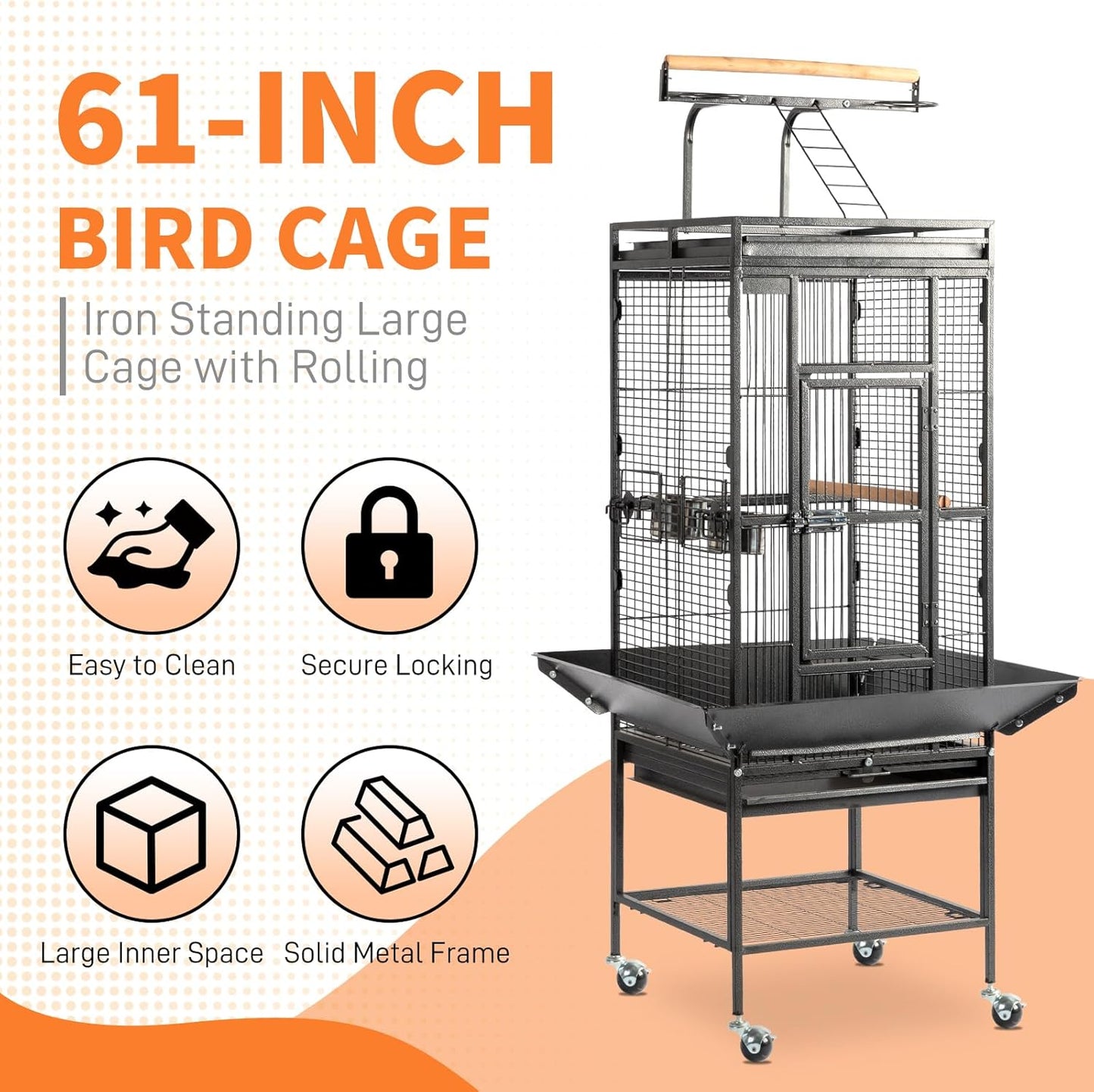 Large Wrought Iron Rolling Bird Cage with Interactive Play Top and Stand for Parrots, Cockatiels, Lovebirds and Medium-Sized Birds