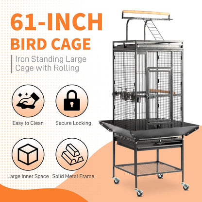 Large Wrought Iron Rolling Bird Cage with Interactive Play Top and Stand for Parrots, Cockatiels, Lovebirds and Medium-Sized Birds