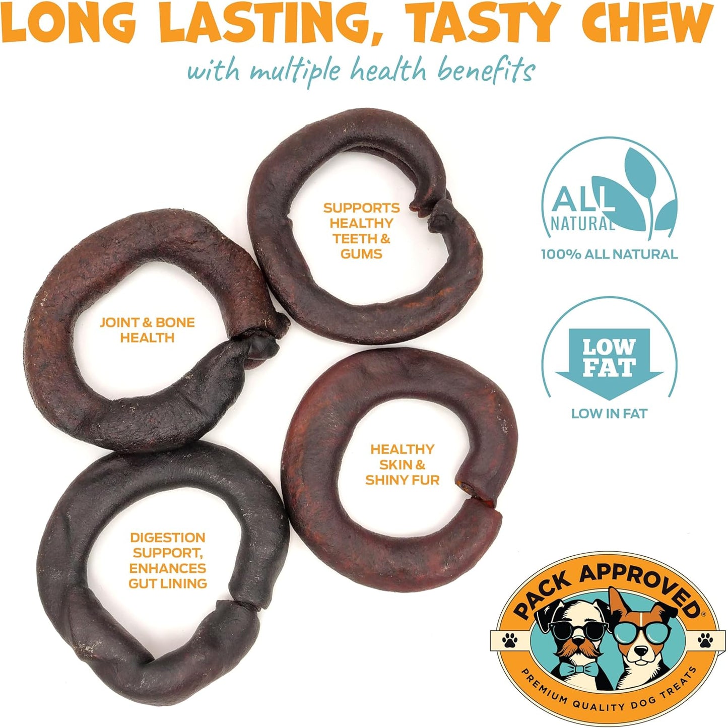 Beef Collagen Chews - Rawhide Free, Long Lasting - 100% Beef Corium, Single Ingredient Dog Treat - Puppy Teething Rings, Natural - 3.5" Rings, Pack of 4