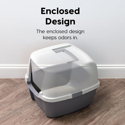 IRIS USA Cat Litter Box, Large Litter Box Enclosure with Front Door Flap and Scoop, Covered Kitty Litter Box with Handle and Buckles for Portability and Privacy, Gray