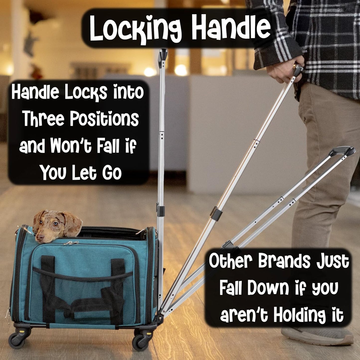 Pet Carrier with Wheels | Delta American Frontier Airline Approved | Two Expandable Sides, Storage Pockets Adjustable Leash | Rolling Dog and Cat Carrier TSA Compliant (Blue 17x12.5x11)