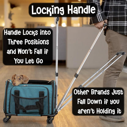 Pet Carrier with Wheels | Delta American Frontier Airline Approved | Two Expandable Sides, Storage Pockets Adjustable Leash | Rolling Dog and Cat Carrier TSA Compliant (Blue 17x12.5x11)