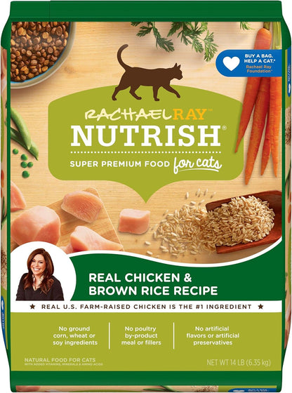 Rachael Ray Nutrish Chicken & Brown Rice 14 Pounds Dry Cat Food + Chicken Lovers Variety Pack 2.8 Ounce (Pack of 12) Wet Cat Food Bundle