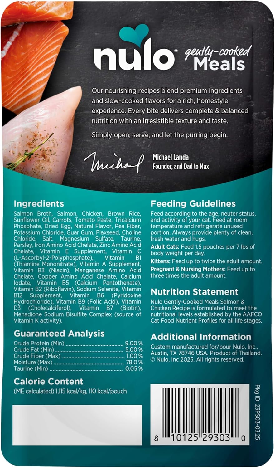 Nulo Gently Cooked Meals Salmon & Chicken Shelf Stable Fresh Cat Food 3.5-oz Pouch Case of 24