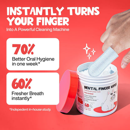 Dog Teeth Cleaning Wipes 60 Packs - Fragrance-Free Dental Wipes to Reduce Plaque & Tartar for Dogs & Cats - Pet Dental Wipes for Oral Freshness