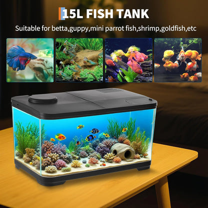 Small Aquarium, Turtle Tank Starter Kit with LED Light, Oxygen Generator, Hydropics Basket, Aquarium for Crabs, Fishes, Amphibians, Reptiles Enthusiasts Beginners