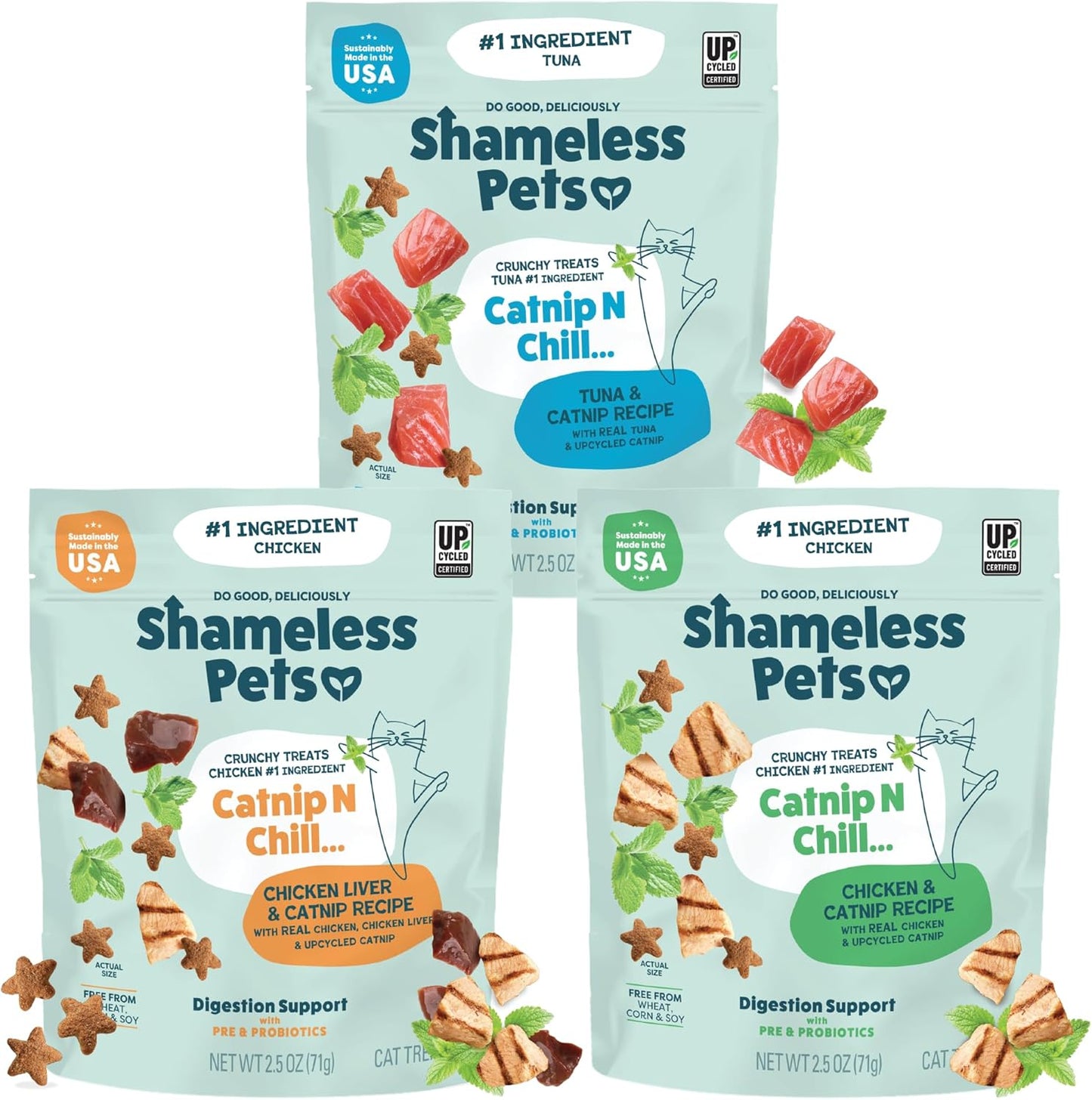 Shameless Pets Crunchy Cat Treats - Kitty Treats for Cats with Digestive Support, Natural Ingredients for Kittens, Healthy Flavored Feline Snacks - Variety Pack, 3-Pk