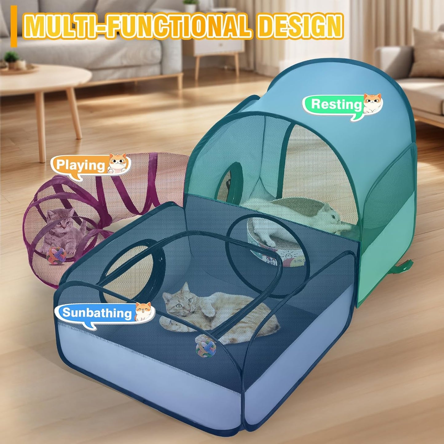 Portable Cat Playpen with Surround Tunnel, 2-Linked-Enclosed Areas, Ideal Cat Tent Outdoor or Cat Playpen for Indoor Cats Enclosed.Breathable Mesh Design for Indoor & Outdoor Use