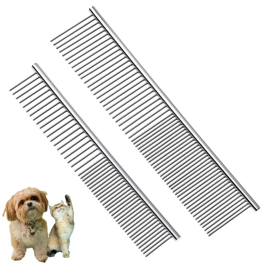 2PCS Dog and Cat Brush, Stainless Steel Pets Grooming Comb Kit, Detangler Deshedding Brush, Metal Knots Hair Remover 6.4" 7.5"