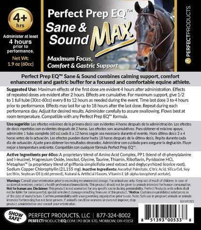 Perfect Prep EQ Sane and Sound MAX Horse Calming Paste, Long-Acting, Max Strength Calming for Soundness and Anxiety, Show Safe, 60cc
