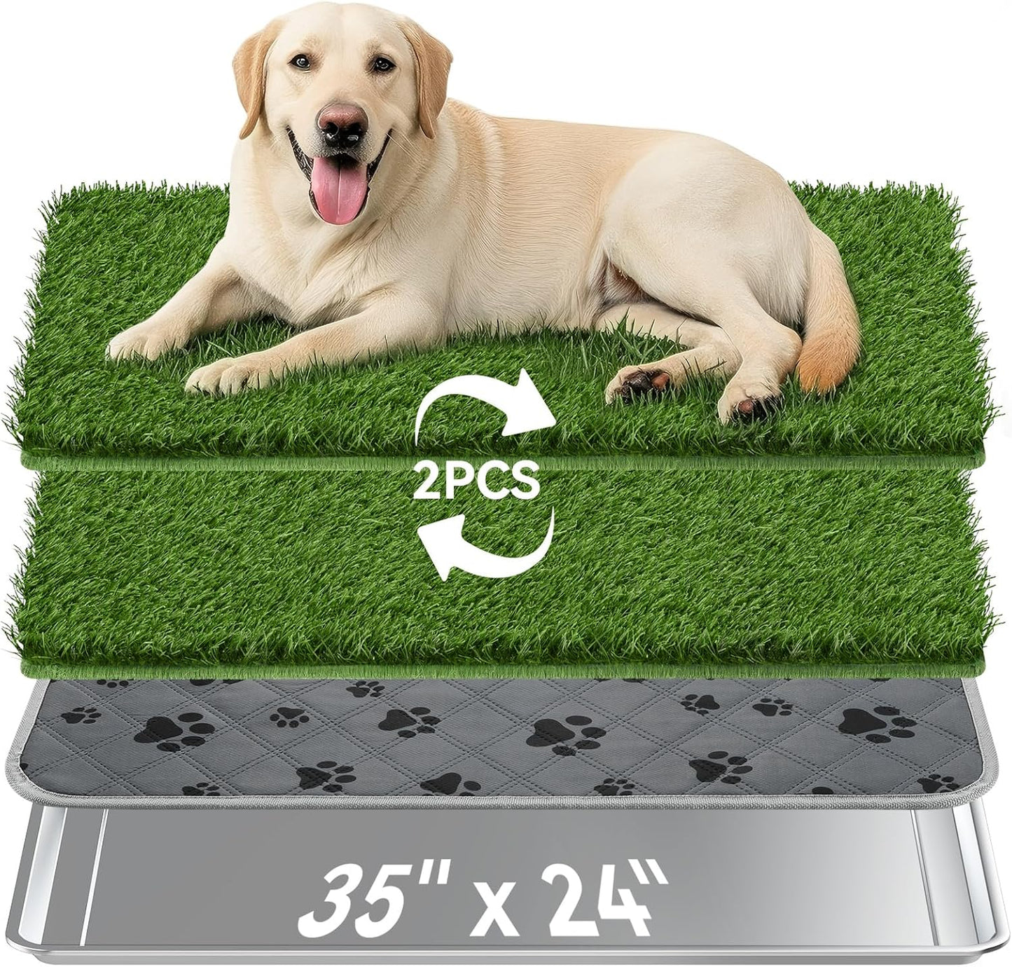 Dog Grass Pad with Tray Large, 35" x 24" Stainless Steel Dog Litter Box with 2 Premium Grass Pads & Reusable Pee Pad - Durable, Rust-Proof, Easy Clean Dog Toilet for Large Dogs Indoor Outdoor Use
