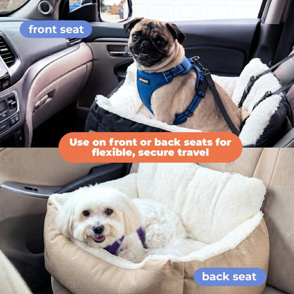 Best Pet Supplies Elevated Dog Car Seat for Small Dogs, Booster Seat with Safety Tether & Storage, Washable Travel Pet Seat for Front or Back Seat, Up to 25 lbs - Brown - 21 x 20 x 14