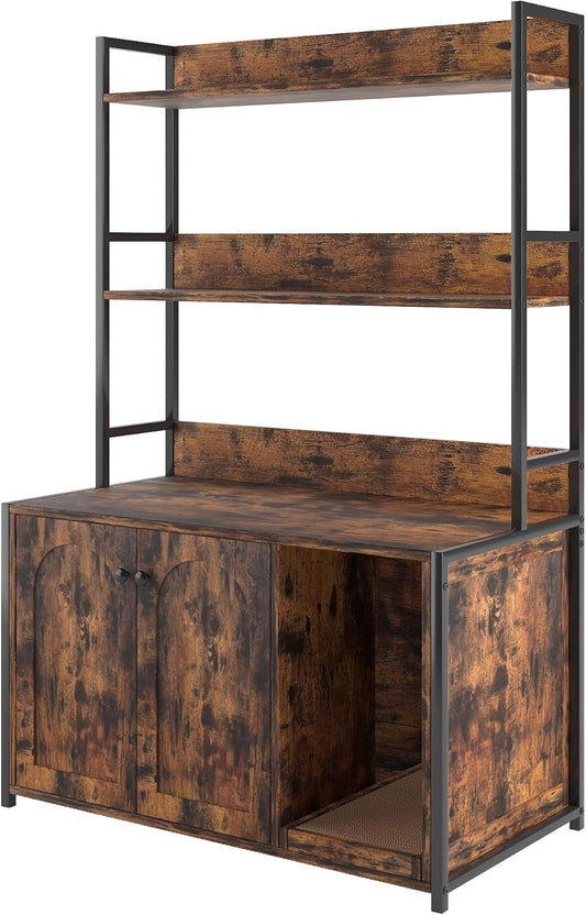 Large Cat Litter Box Enclosure with Shelf Storage, Wooden Cat House with Scratch Pad, Sturdy Indoor Design, Brown