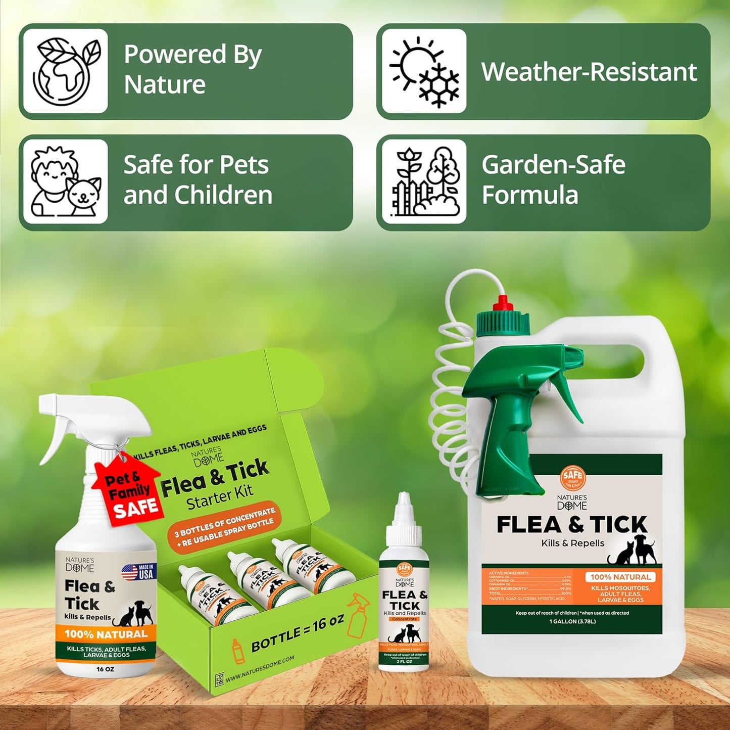 Nature’s Dome Flea & Tick Starter Kit – Makes 3 Bottles (16 oz Each) – Plant-Based, Eco-Friendly Formula – Kills & Repels Fleas, Ticks, Larvae & Eggs – Safe for Pets, Kids & Plants