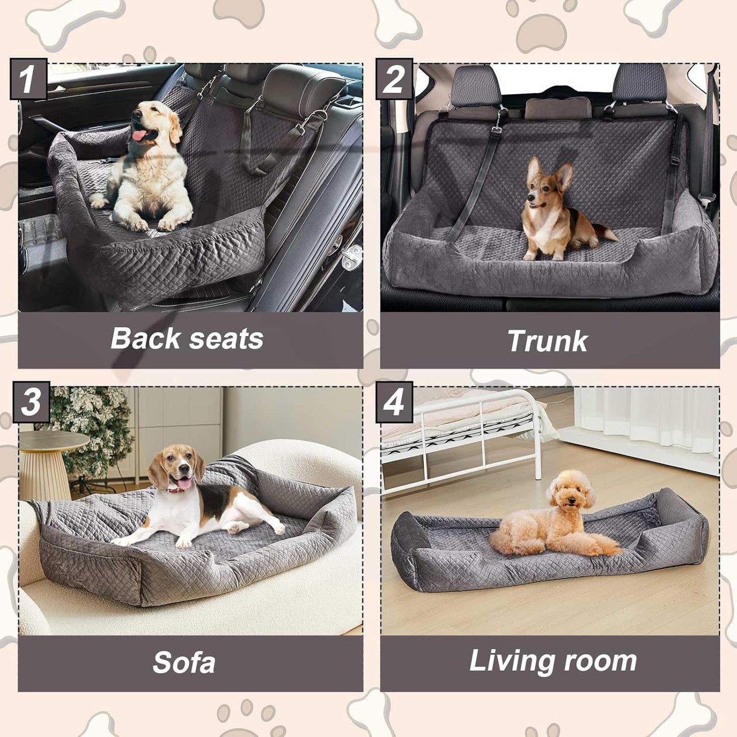 Suzile Dog Car Seat Bed for Large Under 100lbs or 3 Small Dogs Fully Detachable Washable Dog Car Bed with Safety Tethers Comfortable Protector for Home Travel Camping, 49'' x 22"(Gray for Large Dogs)