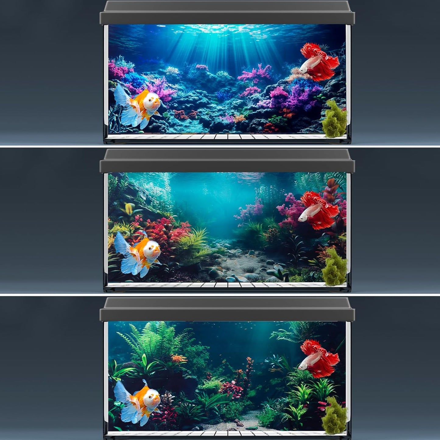 COMSUN 3 Pack Aquarium Background, 36x18 inches Polyester Aquarium Background, Cloth Fish Tank Background, Undersea Corals Sunshines & Rock Aquatic Plants