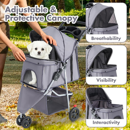 Smug 3 Wheels Pet Stroller, Dog and Cat Strollers, Storage Basket and Cup Holder, Breathable Mesh, Lightweight Travel Carrier, Waterproof and Foldable for Small Pets Outdoor Walk, Grey