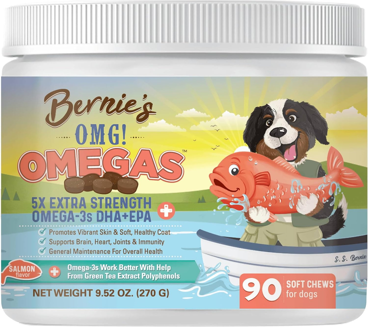 Bernie's OMG! Omegas Chews for Dogs - 5X Extra Strength DHA+EPA, Fish Oil, Healthy Skin & Coat, Allergy Relief, Joint Supplement (Salmon Flavor)