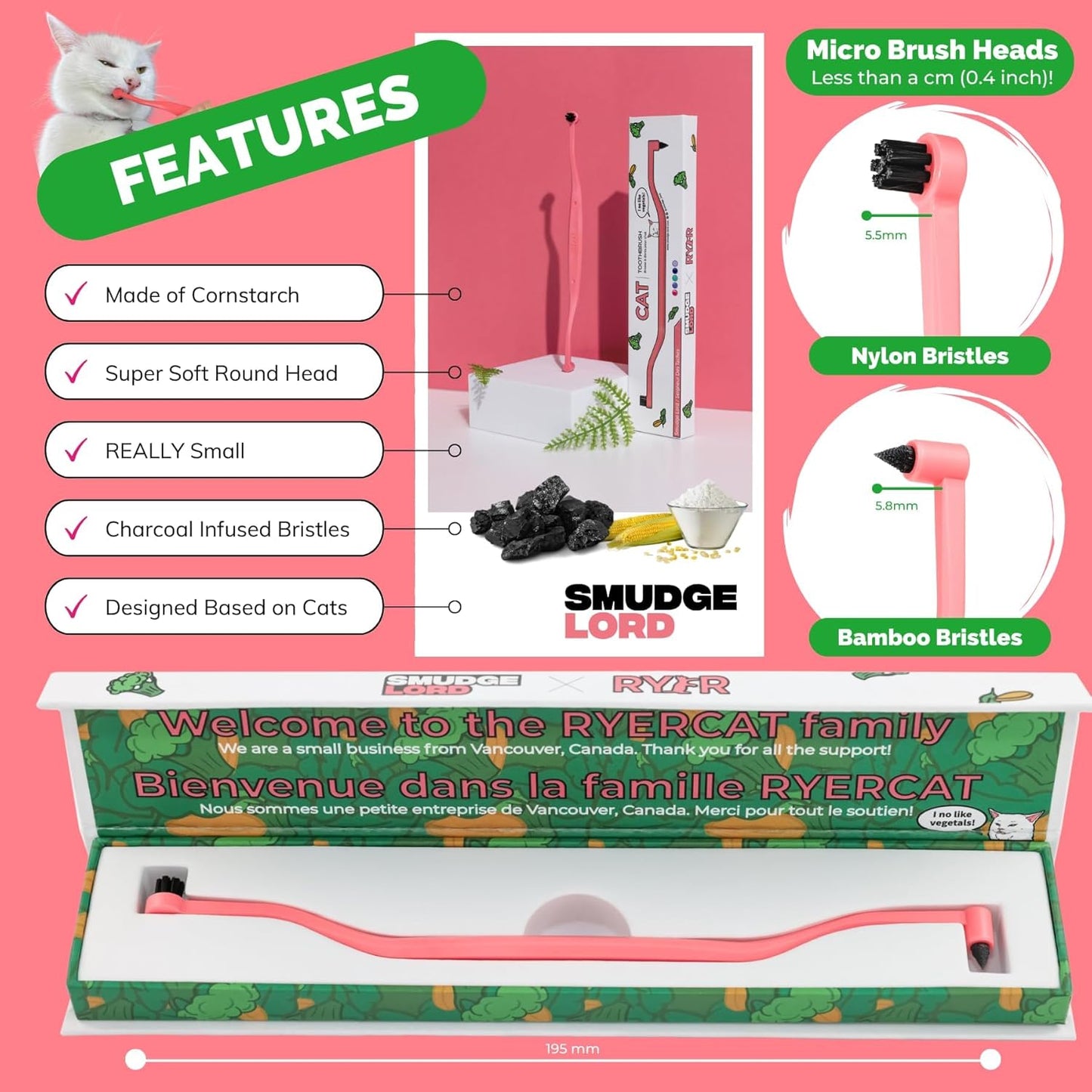 RYERCAT Dual Sided Cat Toothbrush - Kitten Toothbrush with Micro Head (Very Small) for Custom fit - Cat Dental Care Supplies - Pet Toothbrush for Cats (Smudgelord)