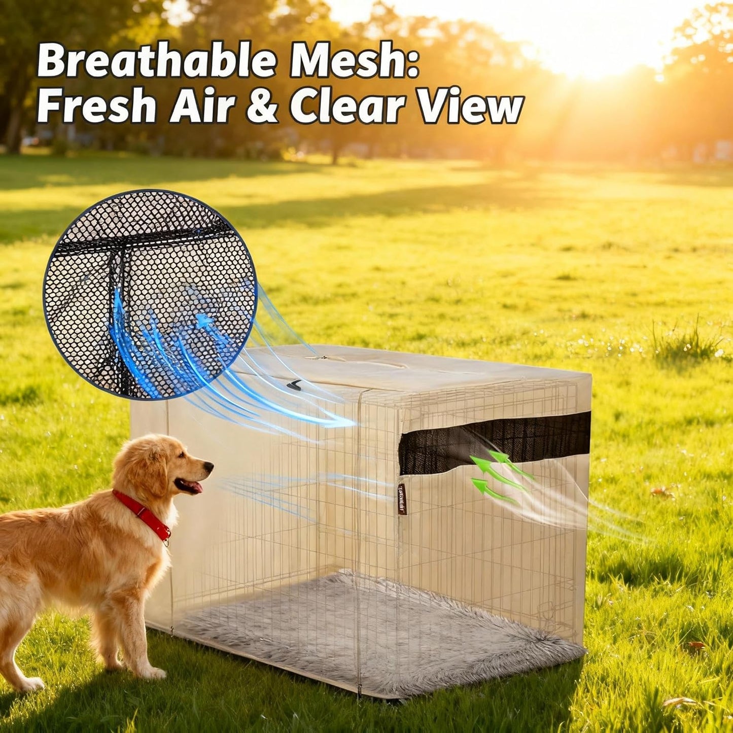 HiCaptain Dog Crate Cover 36.0" L x 23.0" W x 25.0" H with Breathable Mesh, Durable Heavy Duty Kennel Cover, Dual Zippered Panels, Windproof Waterproof UV-Resistant(Beige)