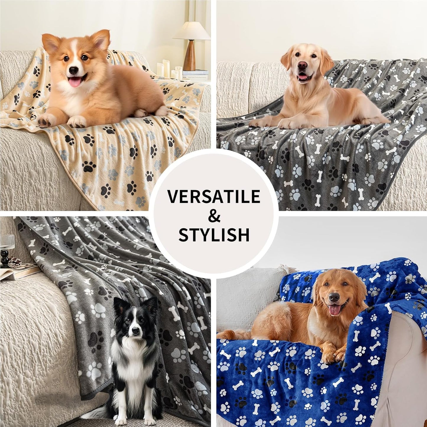 Dog Blanket Paw Bone Pattern 1 Pack 3 Colorful 40"*30" Super Soft Warm Flannel Sofa Cover Car Bed Protector, Urine Proof Washable Outdoor Pet Blanket for Puppy Large Dogs & Cats