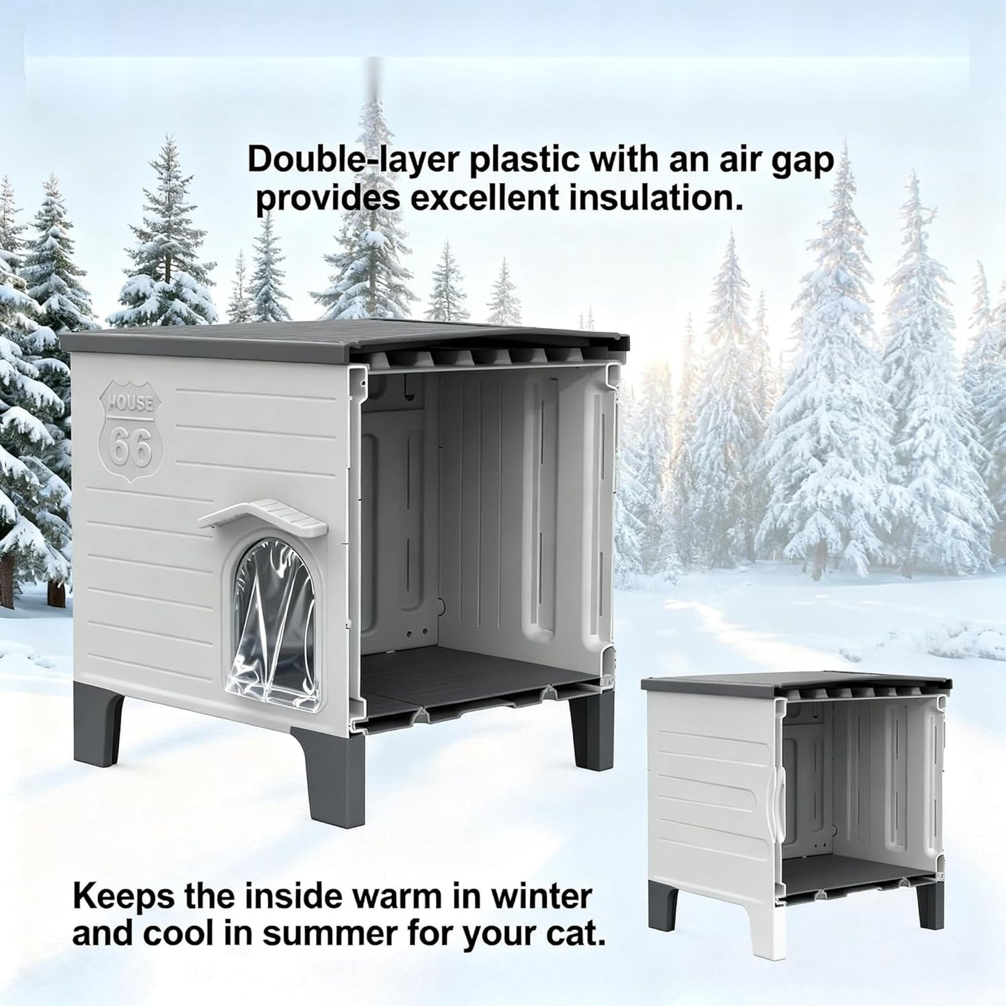 Weatherproof Outdoor Cat House with Insulated Liner for Feral Cat, Plastic Elevated Cat Shelter with Escape Door, Easy Assemble, Expansive Interior‌ Grey 27.0" L x 27.0" W x 21.0" H