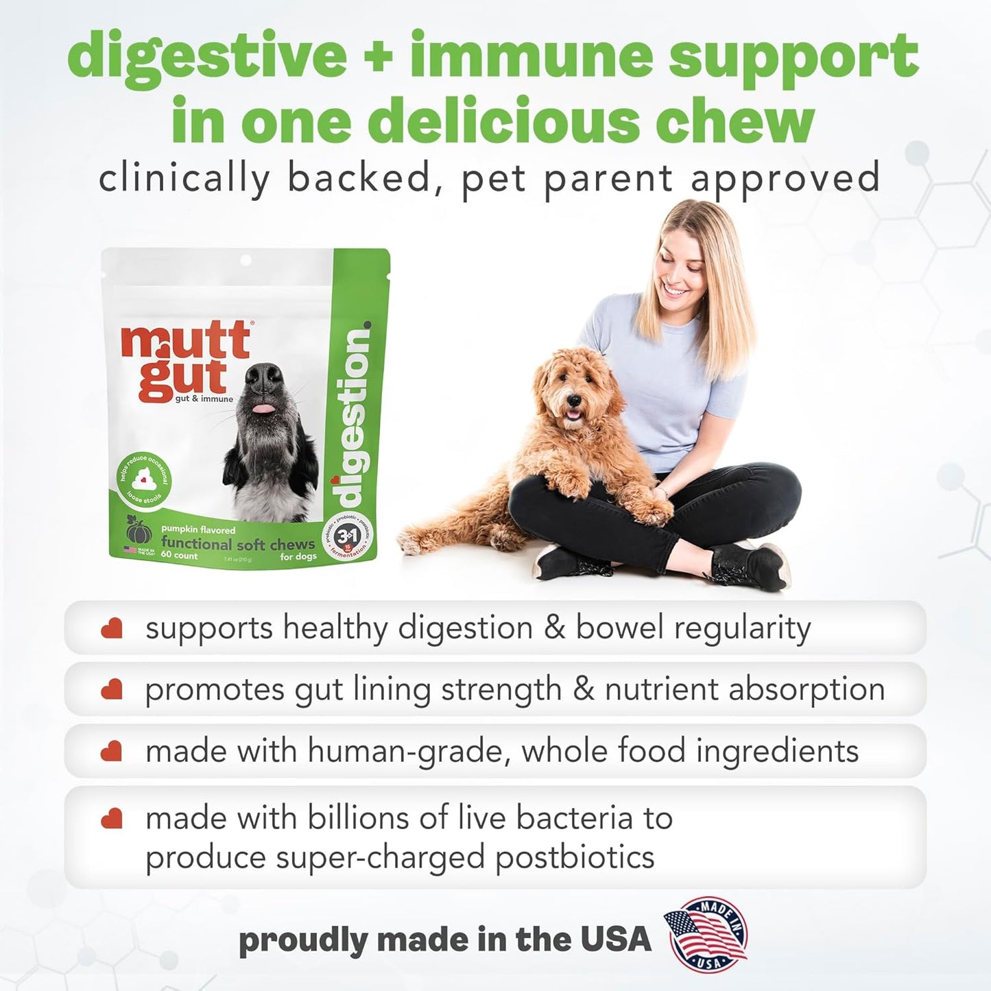 MuttGut® 3-in-1 Puppy & Dog Probiotics + Prebiotics + Postbiotics Chews - Promotes Digestive Health, Supports Immune System and Overall Health - Dog Diarrhea Relief & Immune Support - 60 Soft Chews