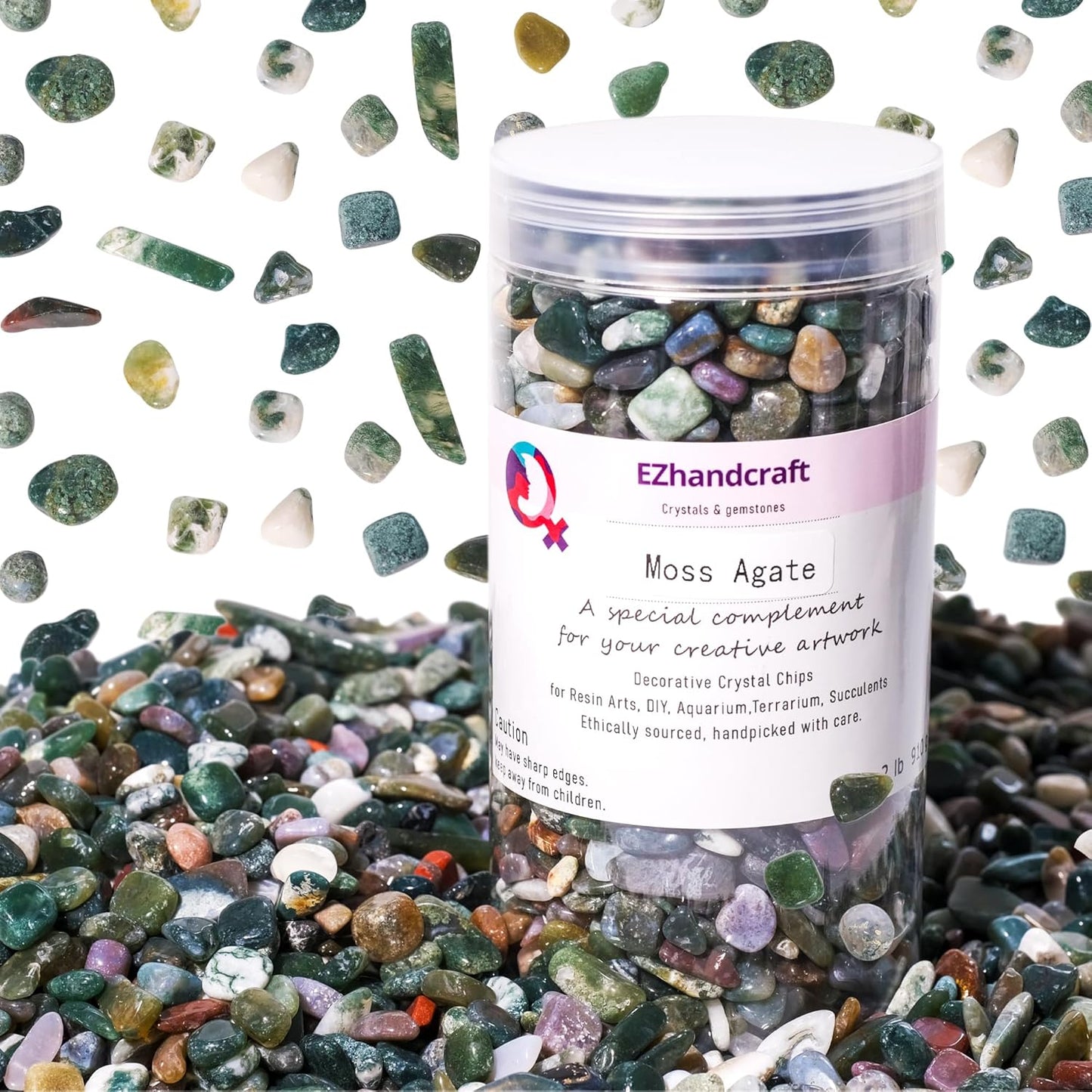 Moss Agate Crystal Chips 2lb (2400+ pcs) – 5-8mm Natural Crystals for Aquarium Gravel, Terrarium Substrate, Succulent Top Dressing, Jewelry Making & Spiritual Gifts – Safe for Fish Tanks