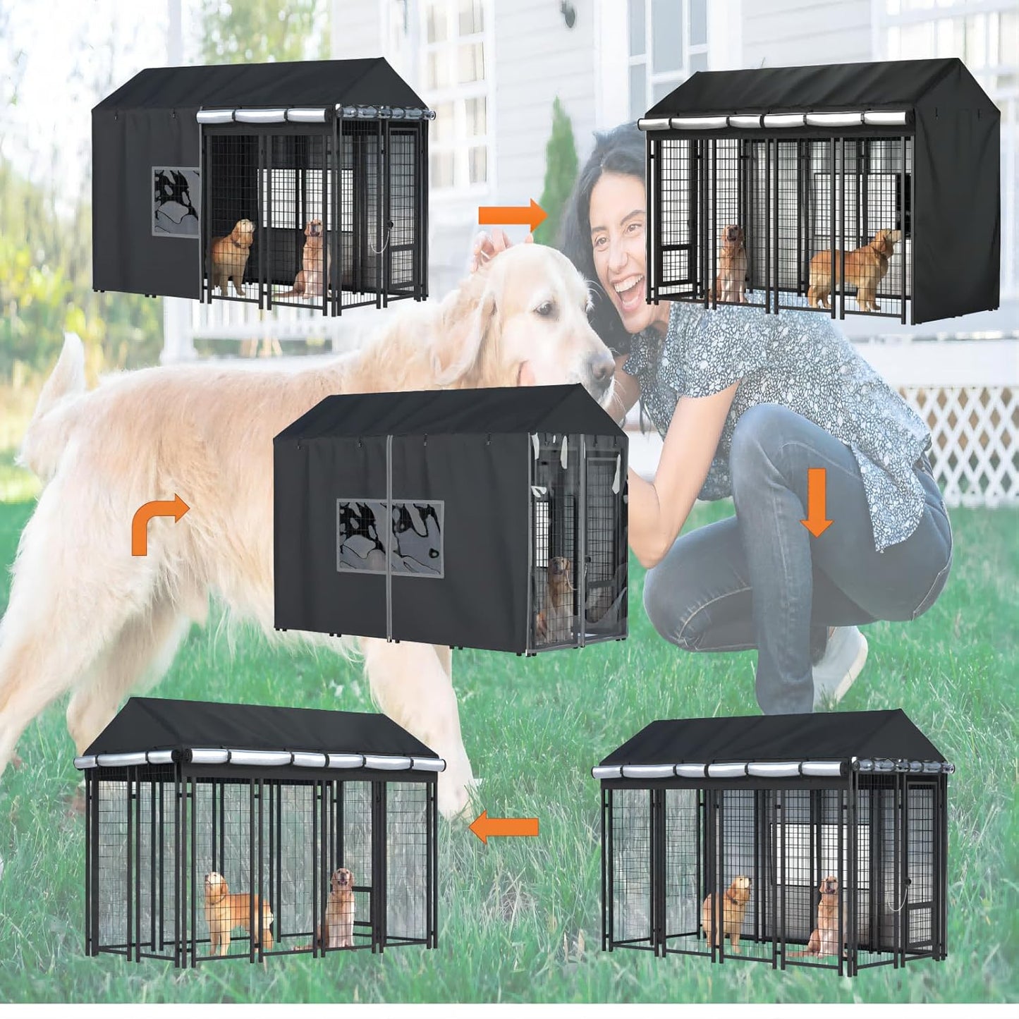 Outdoor Dog Kennel Cover - Full Coverage for 8'Dx4'Wx6'H Dog Cages, 600D Heavy Duty Waterproof Kennel Cover, Black