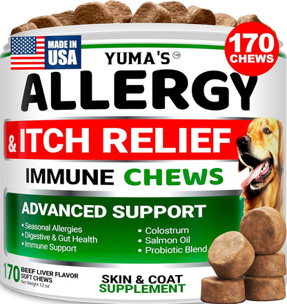 Dog Allergy Relief Chews - Dog Itching Skin Relief Treatment Pills - 170 Treats - Anti-Itch - Itchy and Paw Licking - Hot Spots - Omega 3 Fish Oil - Dry Skin & Coat Supplement - Beef Liver Flavor