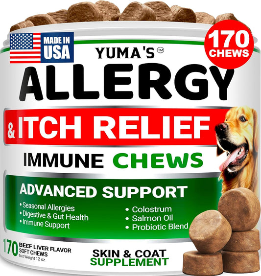 Dog Allergy Relief Chews - Dog Itching Skin Relief Treatment Pills - 170 Treats - Anti-Itch - Itchy and Paw Licking - Hot Spots - Omega 3 Fish Oil - Dry Skin & Coat Supplement - Beef Liver Flavor