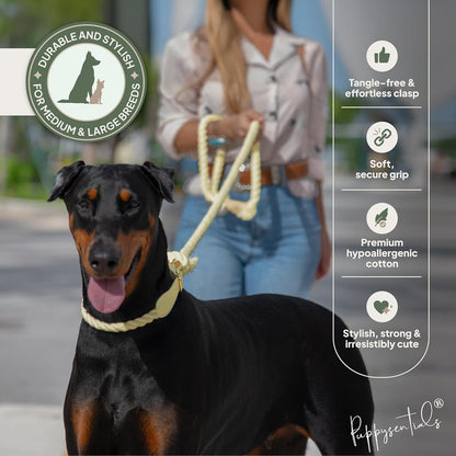 Premium Cotton Rope Leash & Compostable Poop Bags Set – 5 ft Cream Durable, Stylish Leash for Medium/Large Dogs + 120 Extra-Thick, Leak-Proof, Eco-Friendly Waste Bags