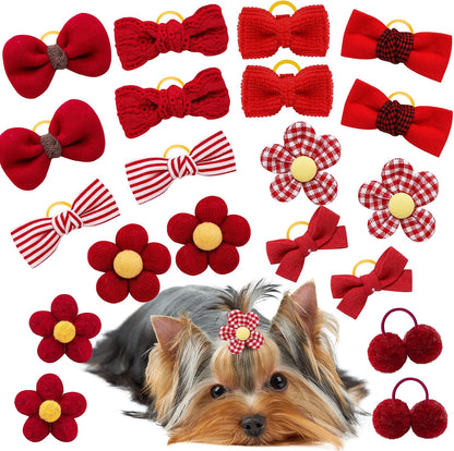 20pc Red Small Dog Hair Bows with Rubber Bands, Bulk Puppy Dog Hair Bows, Mix Handmade Cute Dog Gooming Flower Ball Bowknot Top Knot for Holiday Daily Yorkie Dog Hair Accessories