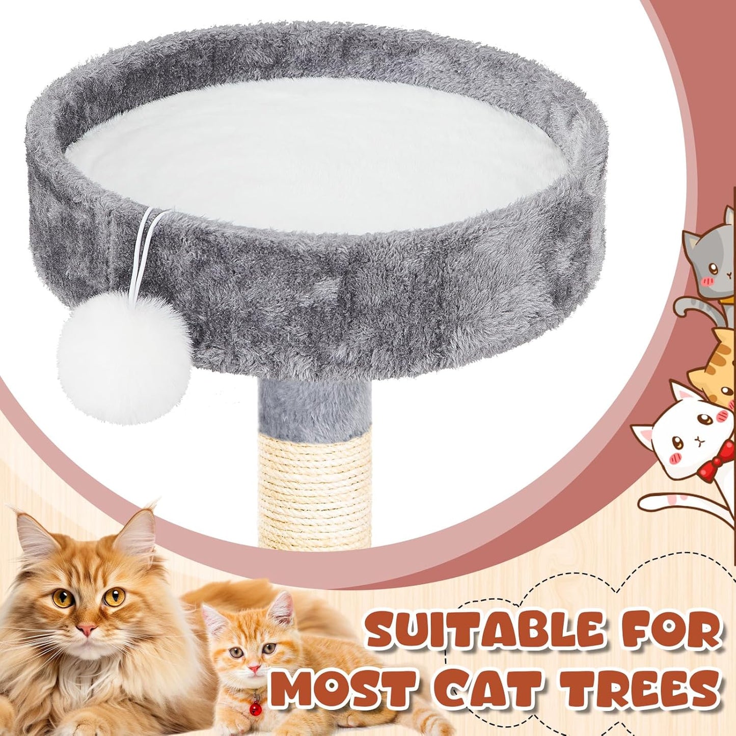 Abbylike 3 Pack 16" Round Cat Dog Bed Cushion Pad Mat Faux Rabbit Fur Pet Sleeping Mat with Small Ball Warm Plush Anti Slip Washable Cat Tree Tower Replacement Cushion Pad for Carrier Crate, White