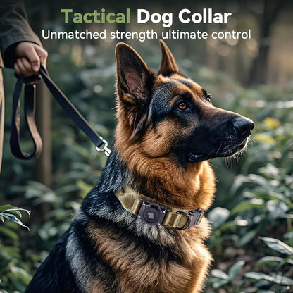 2025 Upgrade Waterproof AirTag Dog Collar, Military Tactical Dog Collar with AirTag Holder, Comfortable Control Handle and Metal Buckle, GPS Dog Collar Holder for Medium to Large Dogs (Khaki,L)